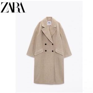 Zara Women Double Breasted Wool Blend Coat Sand